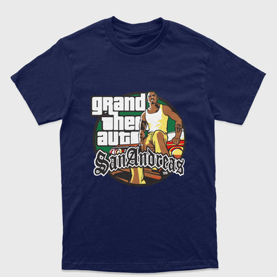 Camiseta Básica Unissex Grand Theft Auto San Andreas-AZUL MARINHO