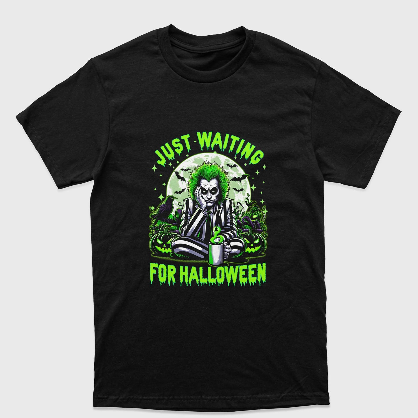 Camiseta Básica Unissex Just Waiting For Halloween Beetlejuice