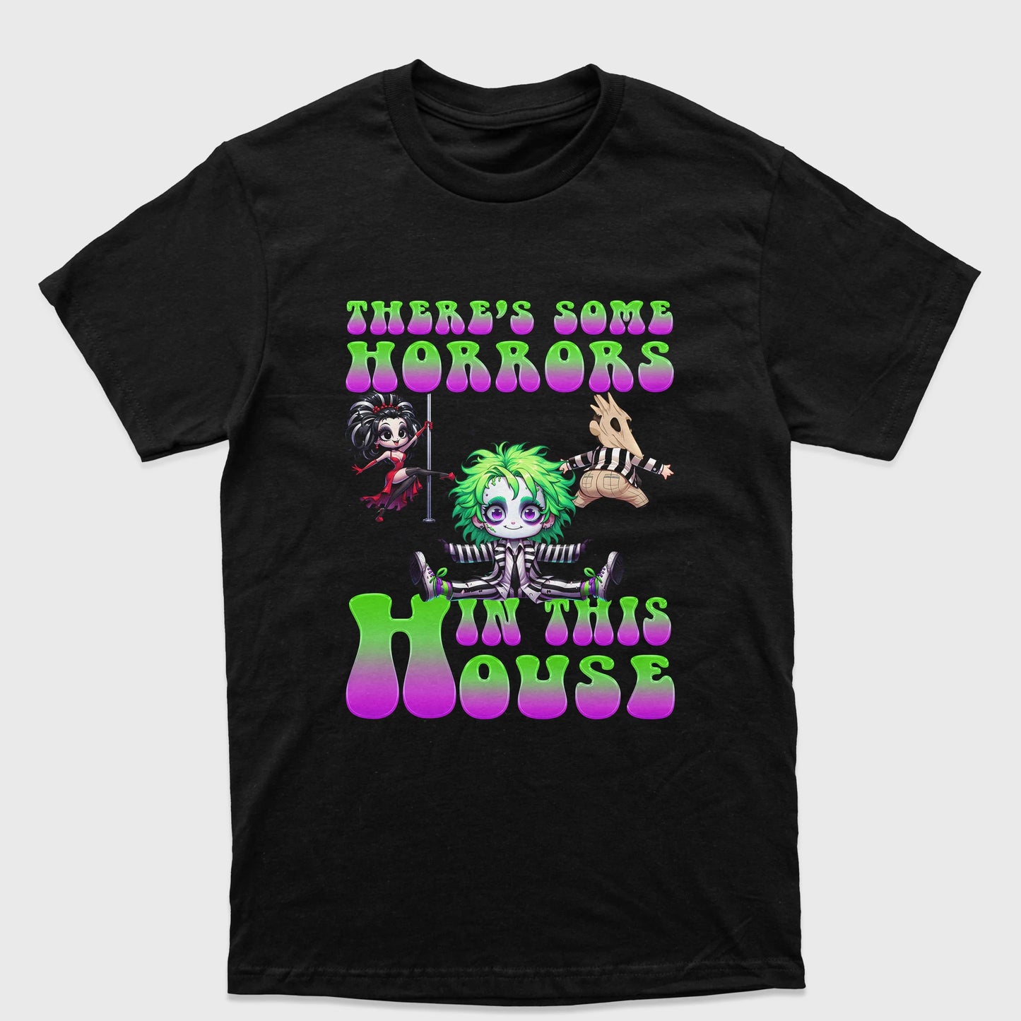 Camiseta Básica Unissex There's Some Horror In The House Beetlejuice