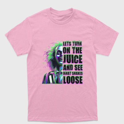 Camiseta Básica Unissex Lets Turn On The Juice Beetlejuice