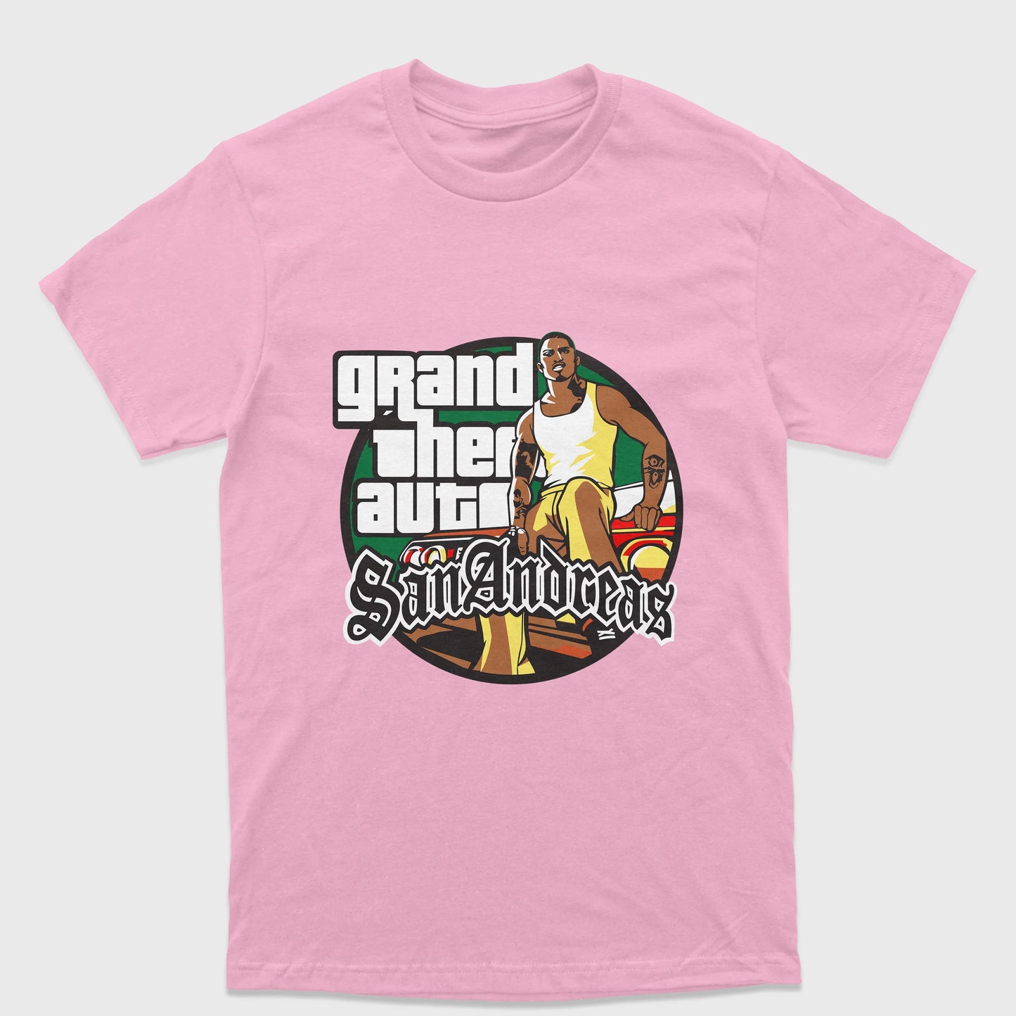 Camiseta Básica Unissex Grand Theft Auto San Andreas-ROSA BEBE