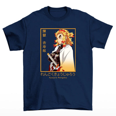 Camiseta Básica Azul Marinho Rengoku Kyojiro do Anime Kimetsu No Yaiba