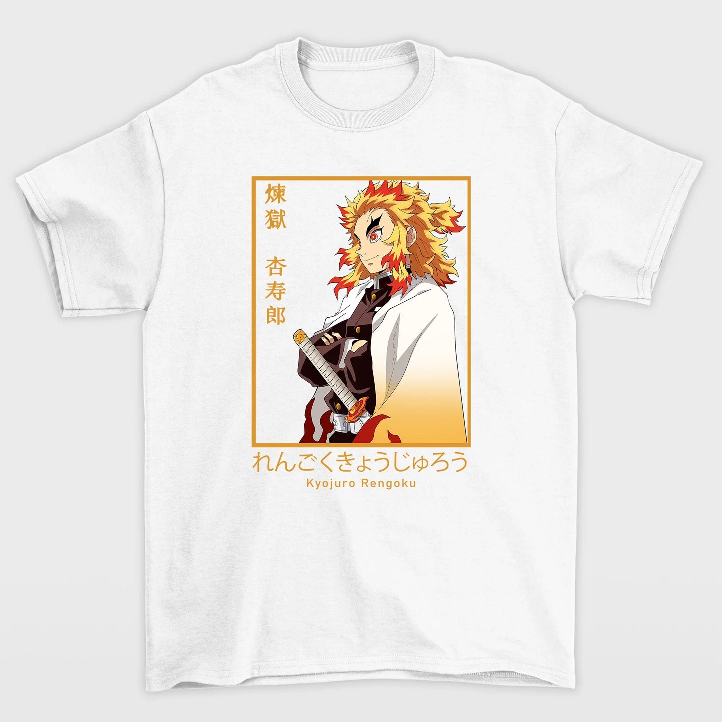 Camiseta Básica Branca Rengoku Kyojiro do Anime Kimetsu No Yaiba