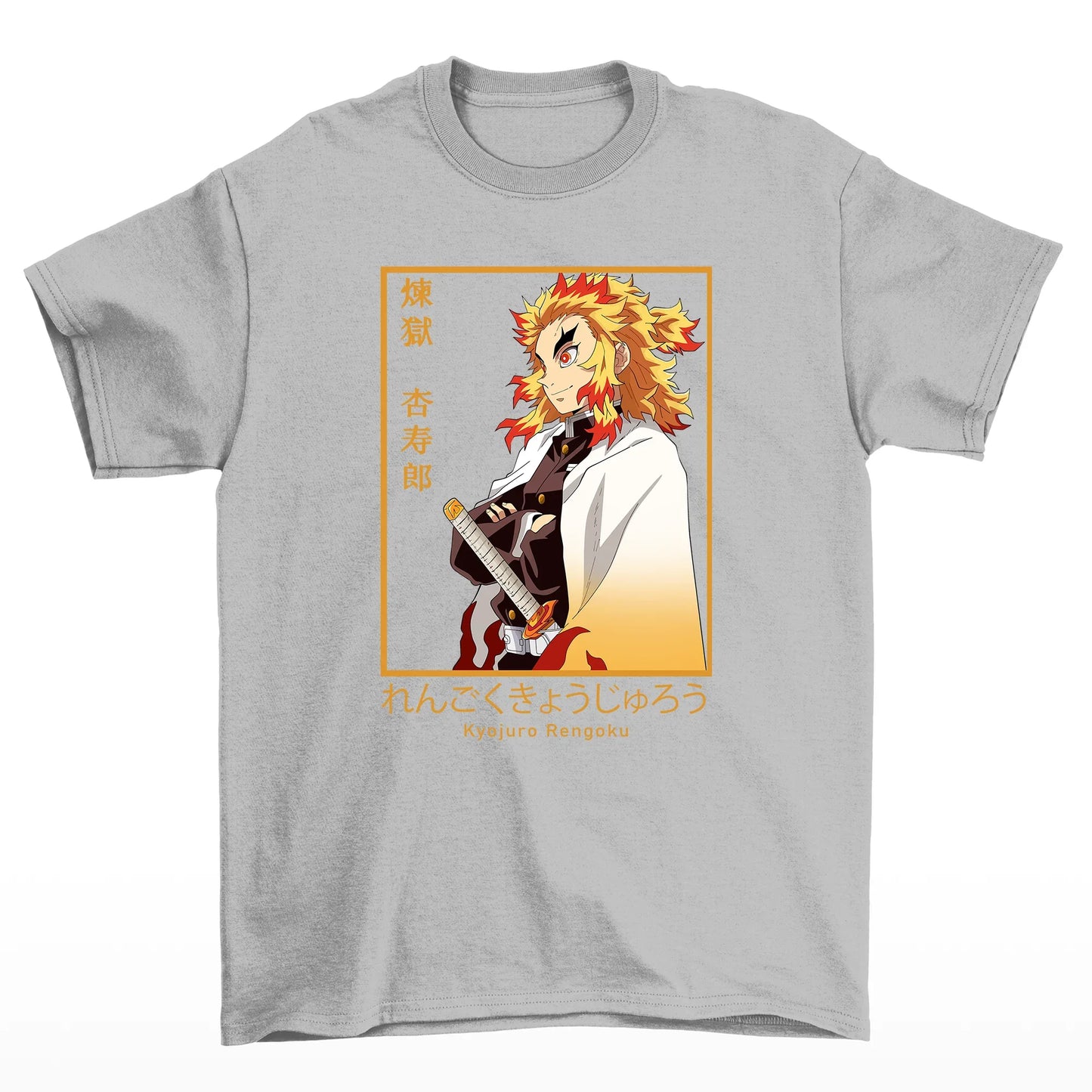 Camiseta Básica Cinza Rengoku Kyojiro do Anime Kimetsu No Yaiba