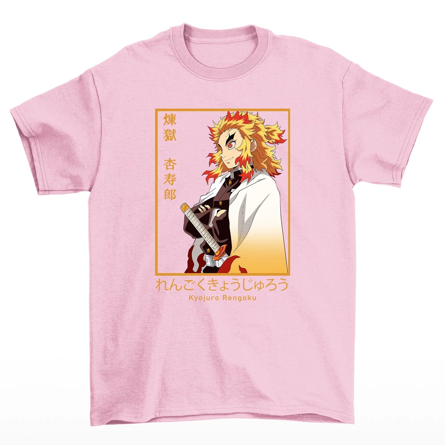 Camiseta Básica Rosa Bebê Rengoku Kyojiro do Anime Kimetsu No Yaiba