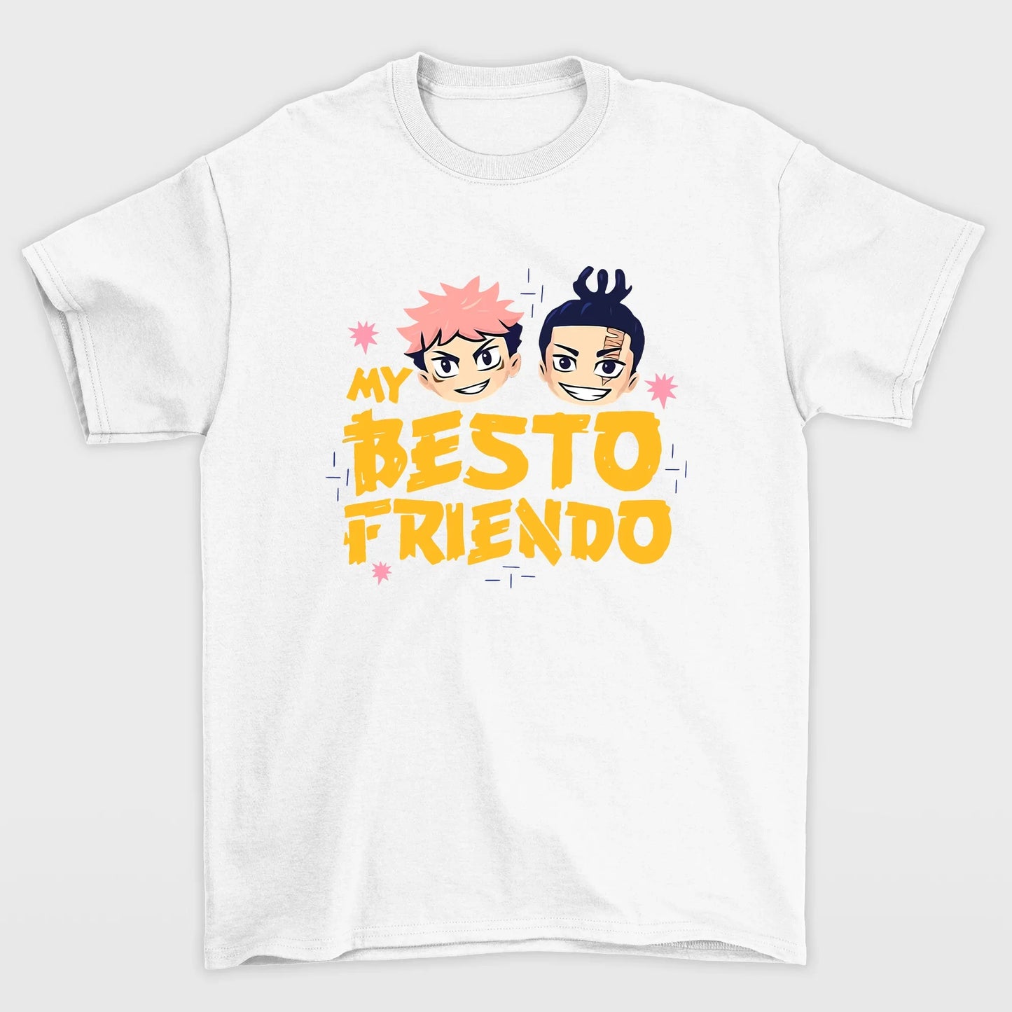 Camiseta Básica Branca Chibi Yuji e Todo Jujutsu Kaisen Anime My Besto Friendo