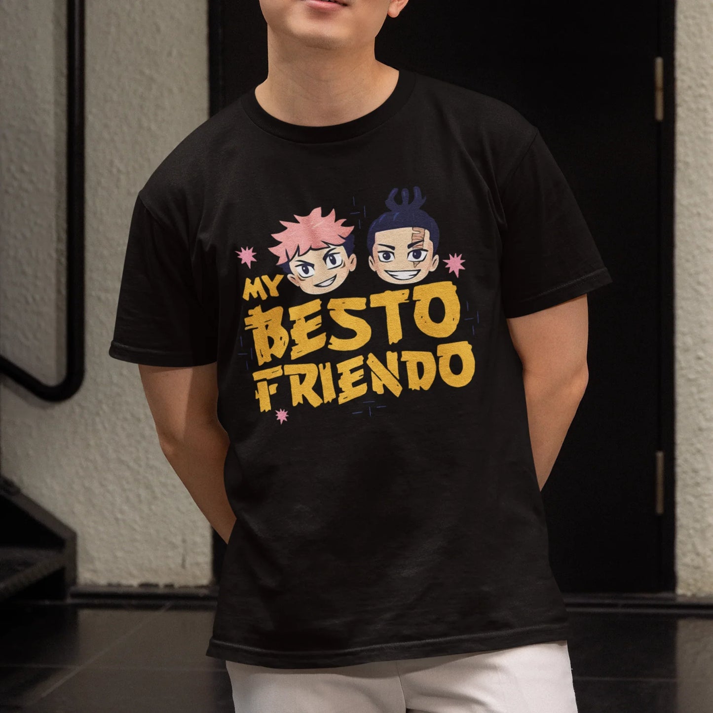 Camiseta Básica Preta Chibi Yuji e Todo Jujutsu Kaisen Anime My Besto Friendo