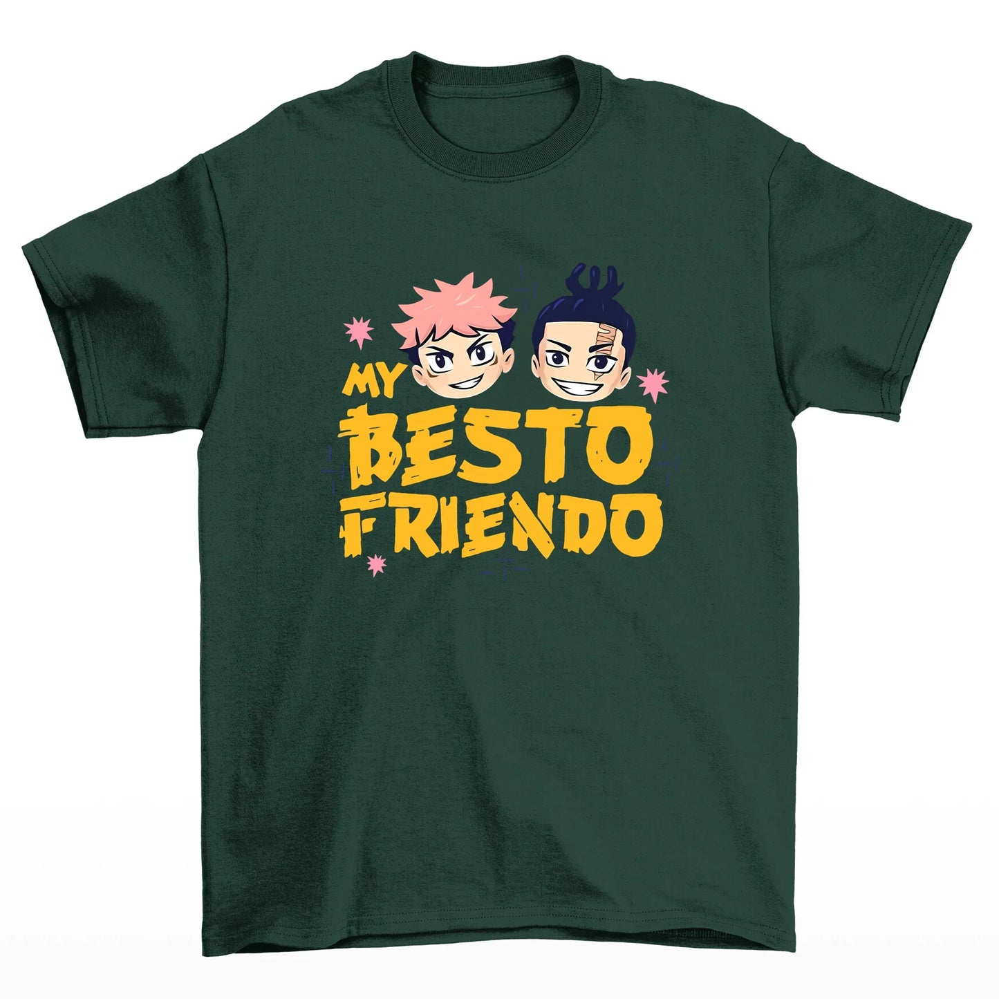 Camiseta Básica Verde Chibi Yuji e Todo Jujutsu Kaisen Anime My Besto Friendo