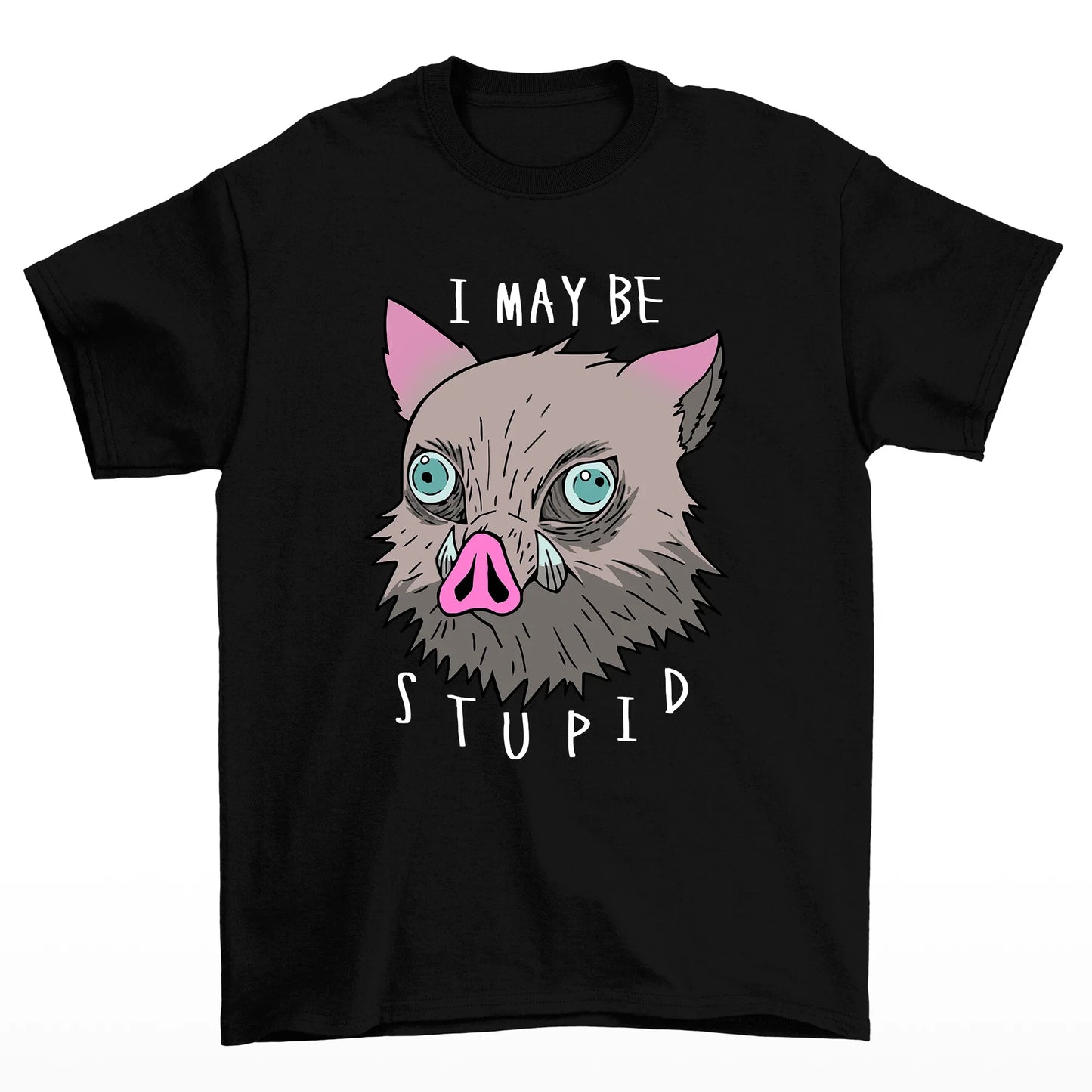 camiseta básica preta com estampa de javali i maybe stupid