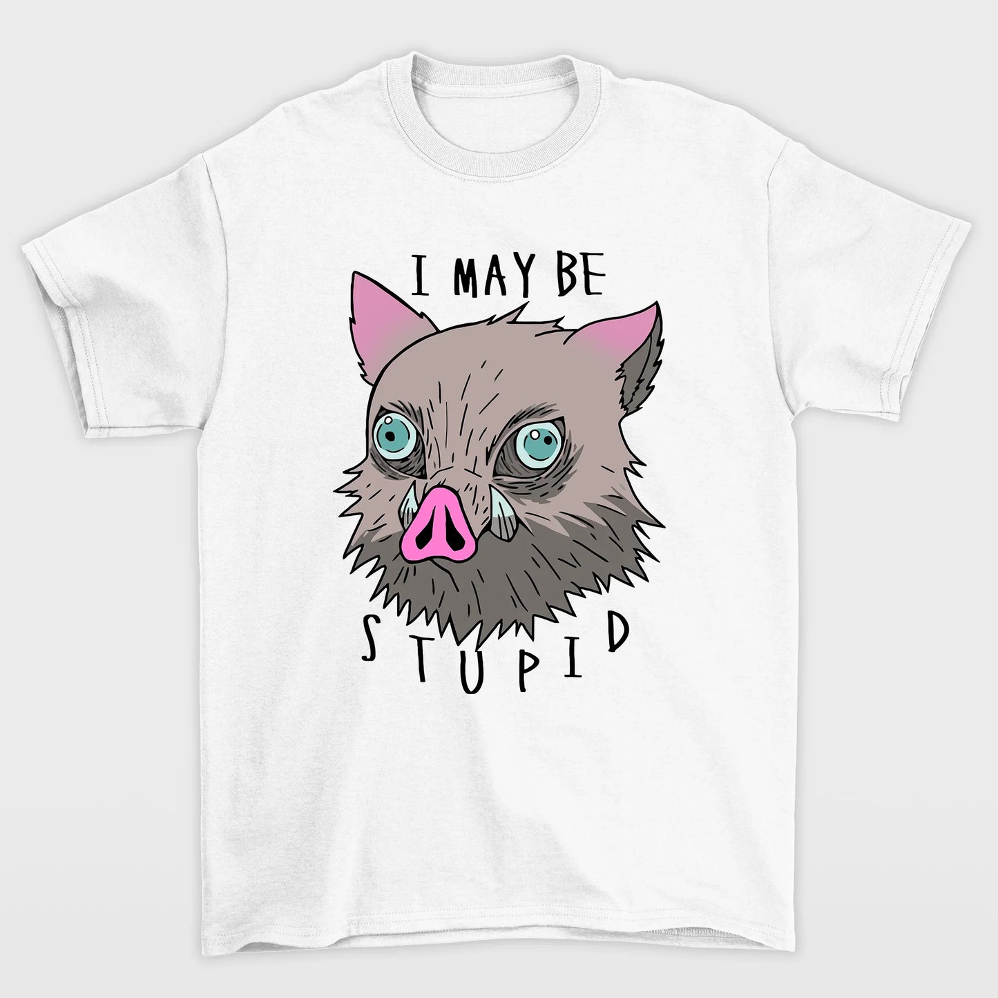 camiseta básica branca com estampa de javali i maybe stupid