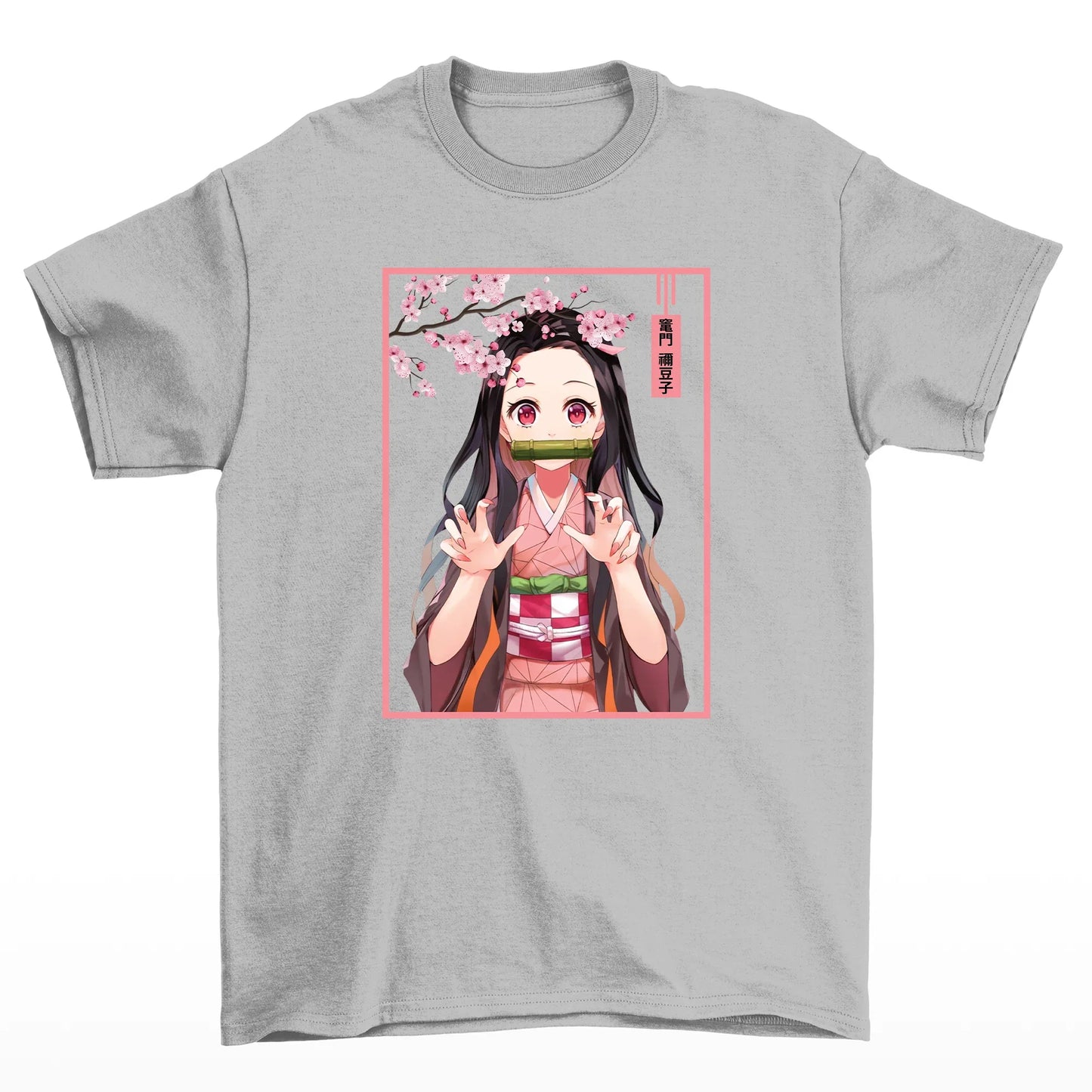 Camiseta Básica Unissex Cute Nezuko Flower Demon Slayer- Cinza