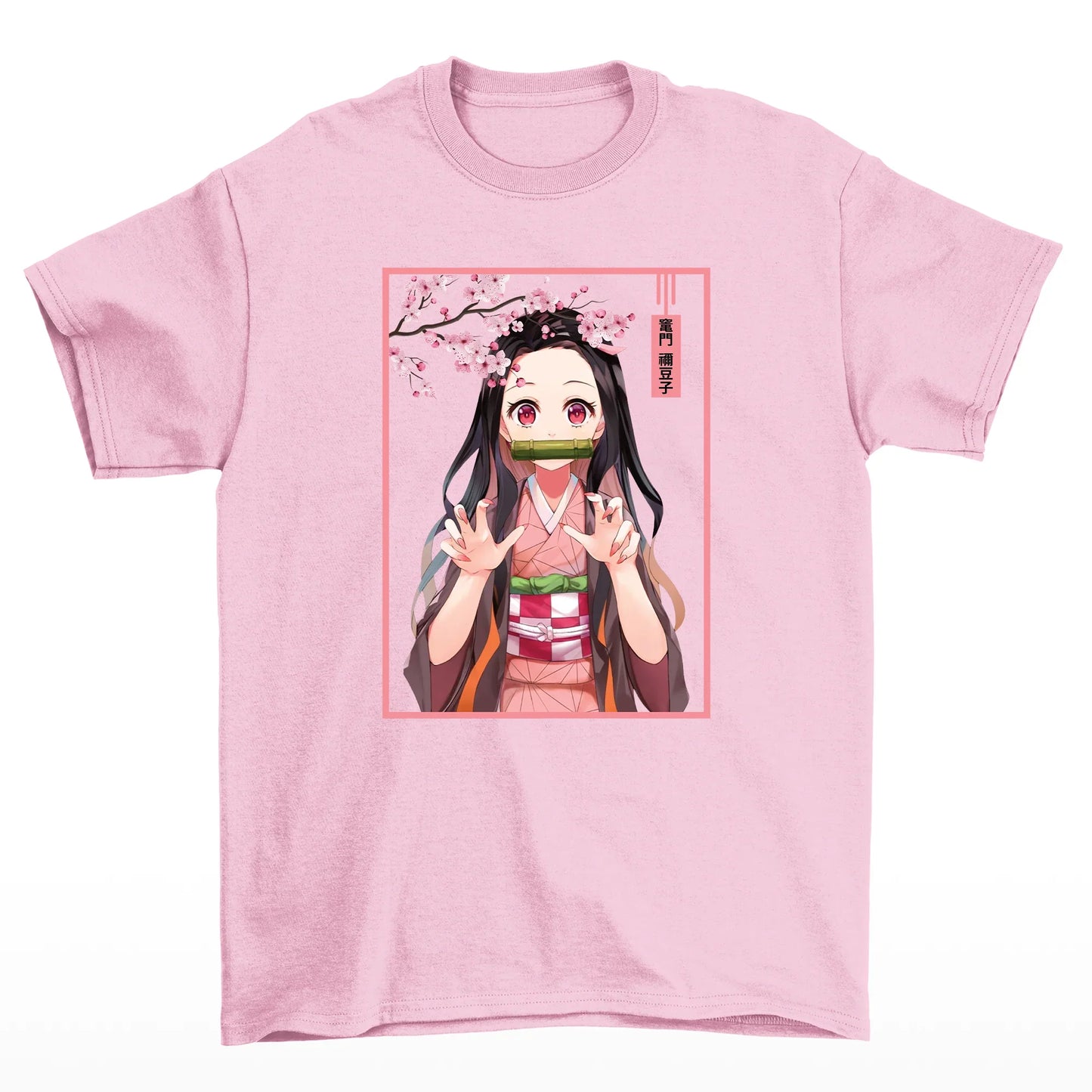 Camiseta Básica Unissex Cute Nezuko Flower Demon Slayer- Rosa Bebe