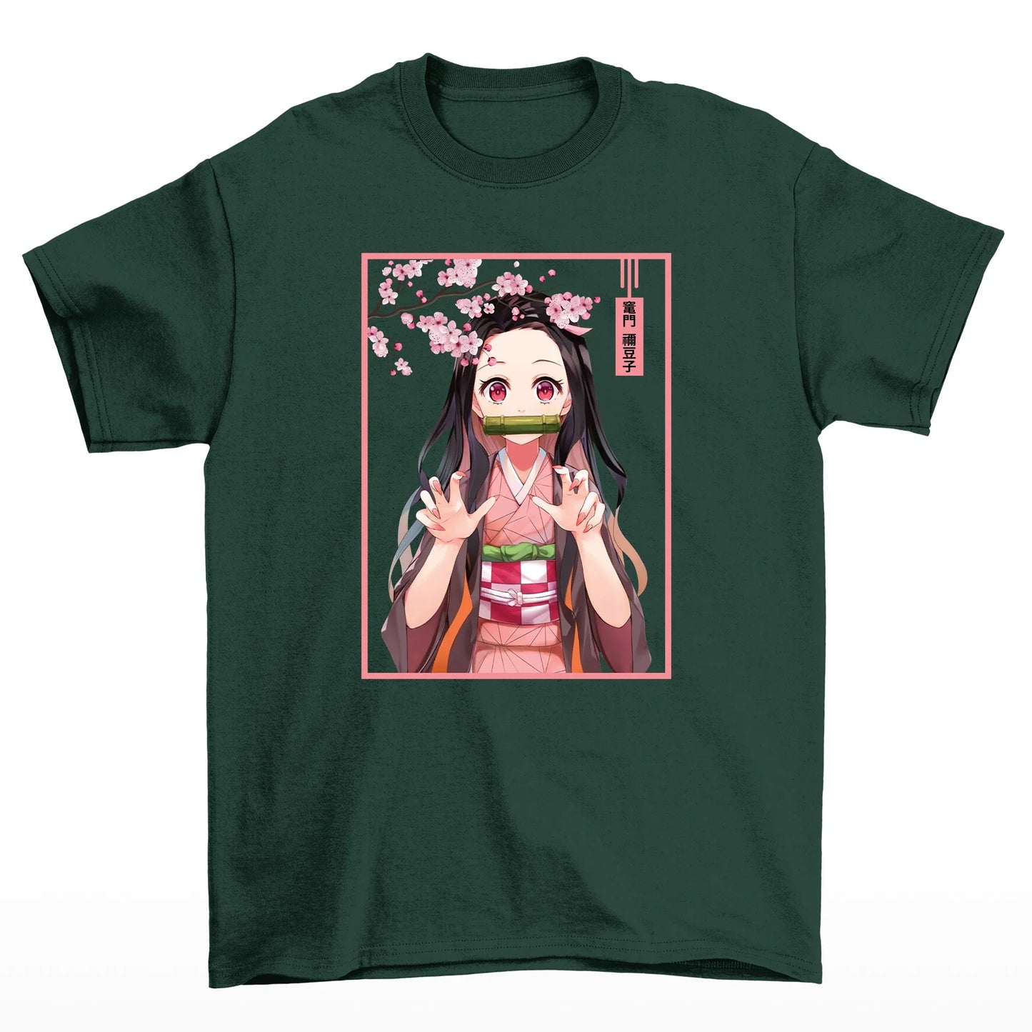 Camiseta Básica Unissex Cute Nezuko Flower Demon Slayer- Verde