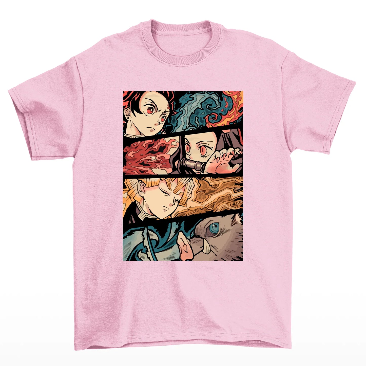 Camiseta Básica Unissex Demon Slayer Tanjiro Group-Rosa Bebe