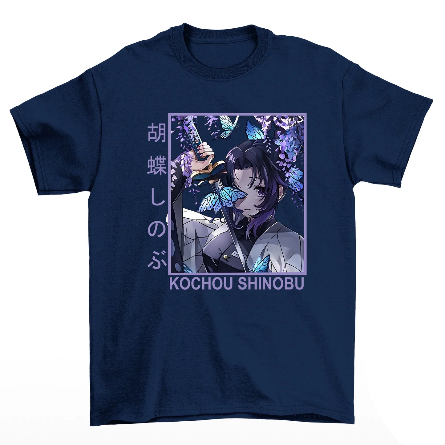 Camiseta Básica Unissex Shinobu Coch Damon Slayer Butterfly- Azul-Marinho