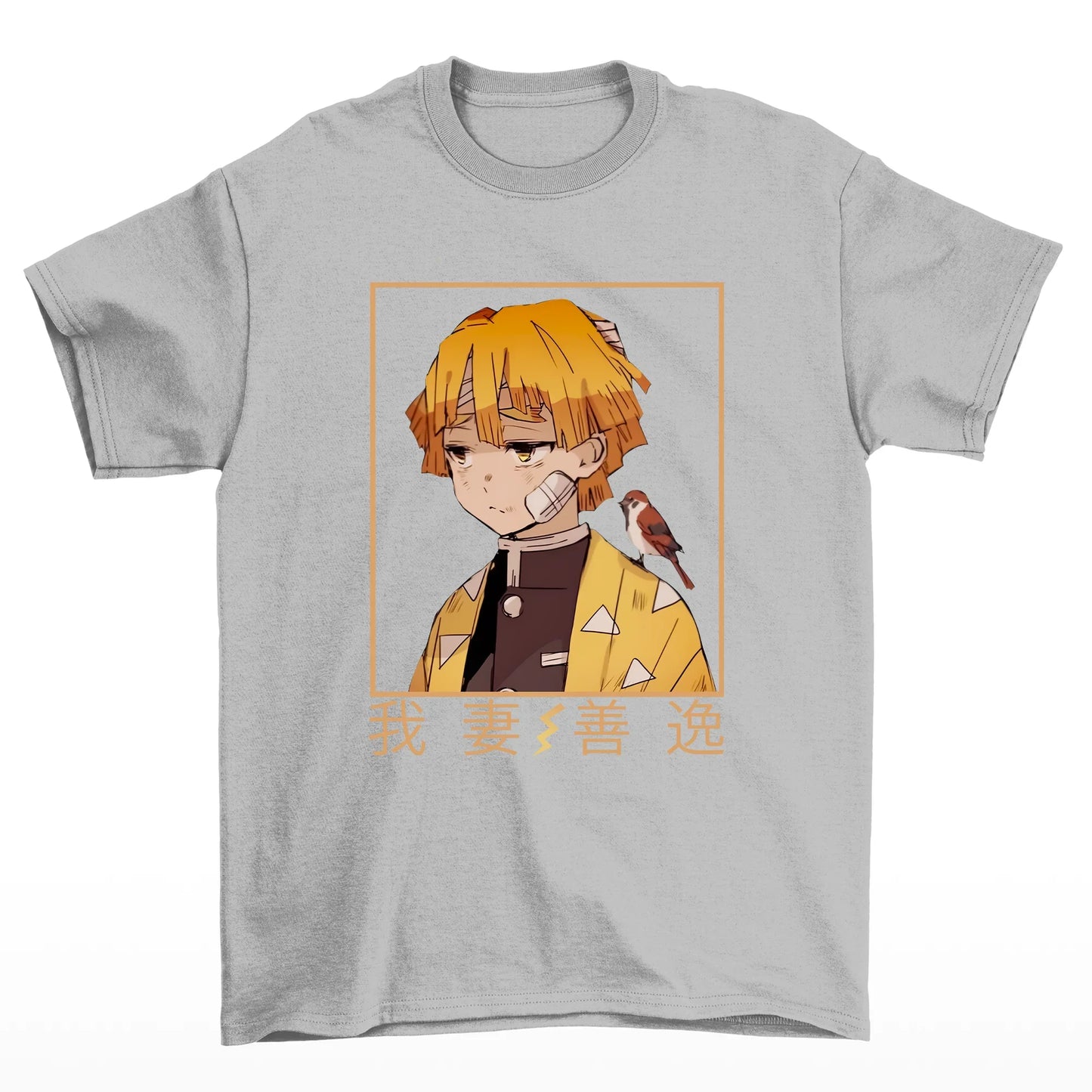 Camiseta cinza com estampa do Zenitsu do anime Demon Slayer