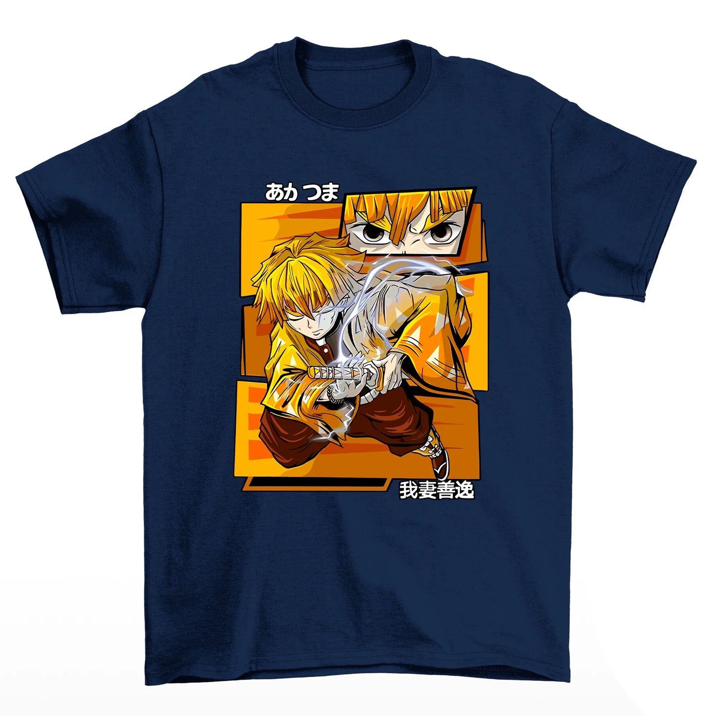 Camiseta azul marinho com estampa do zenitsu do anime kimetsu no yaiba