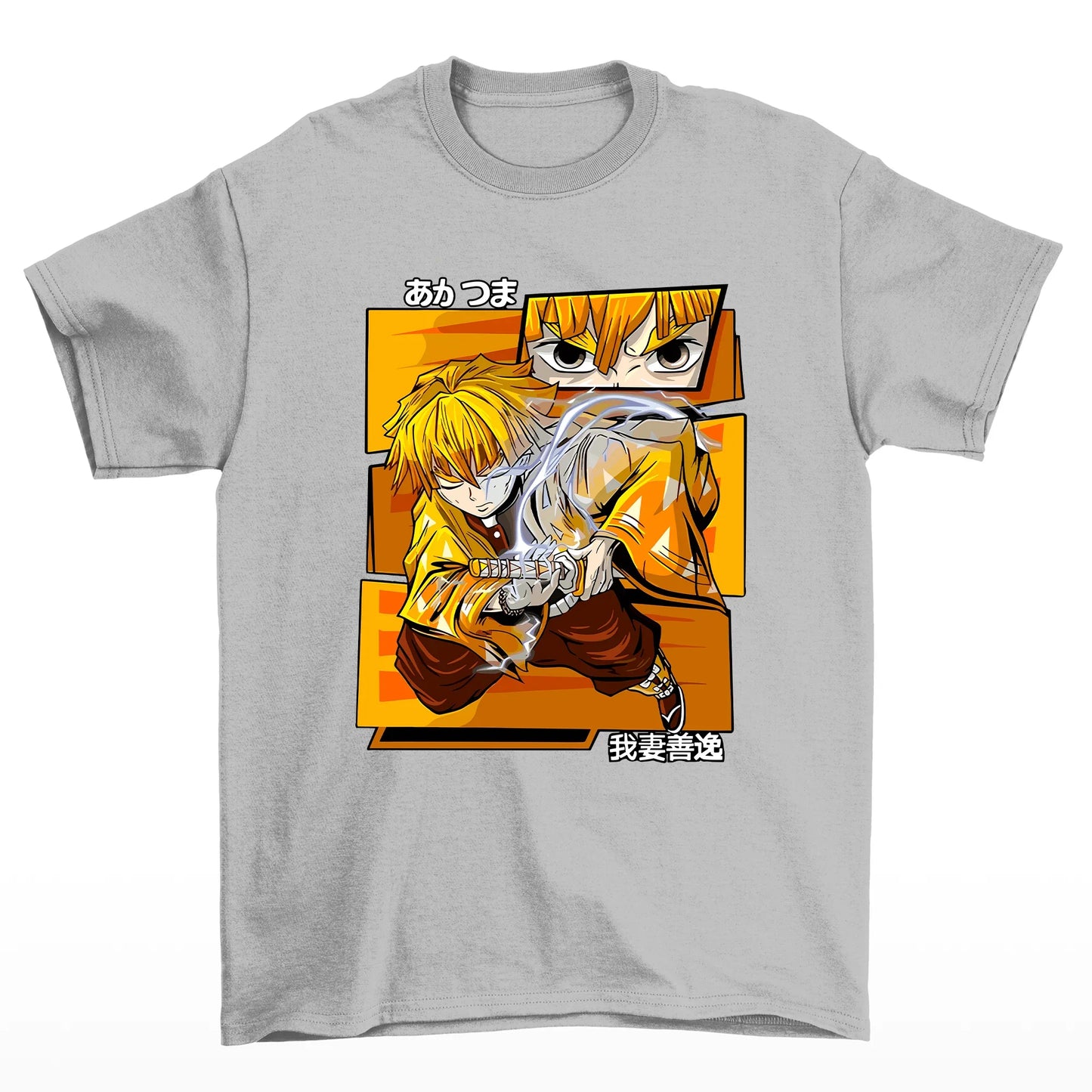 Camiseta cinza com estampa do zenitsu do anime kimetsu no yaiba
