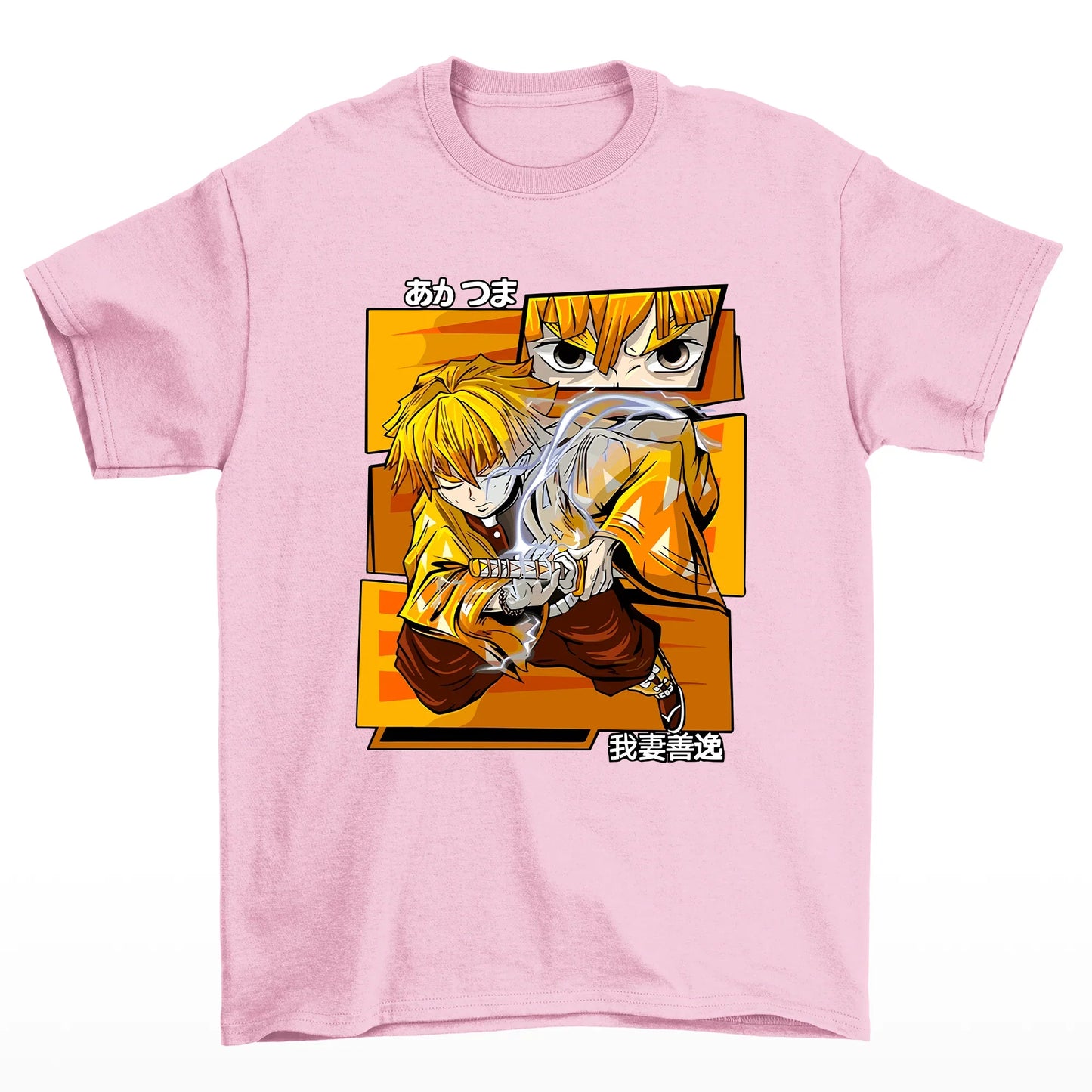 Camiseta rosa bebê com estampa do zenitsu do anime kimetsu no yaiba
