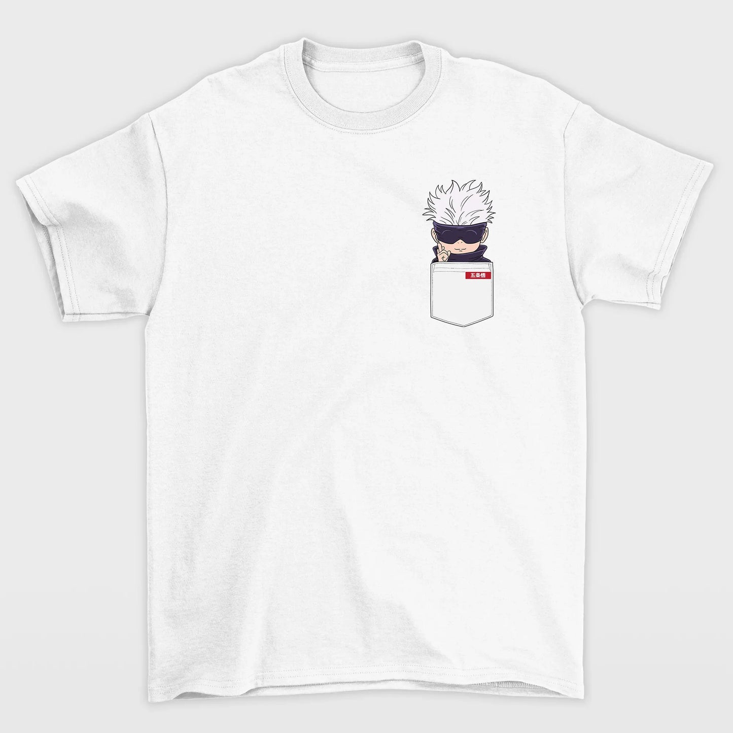 Camiseta Básica Unissex Gojo Satoru Kawaii Pocket Jujutsu Kaisen-branco