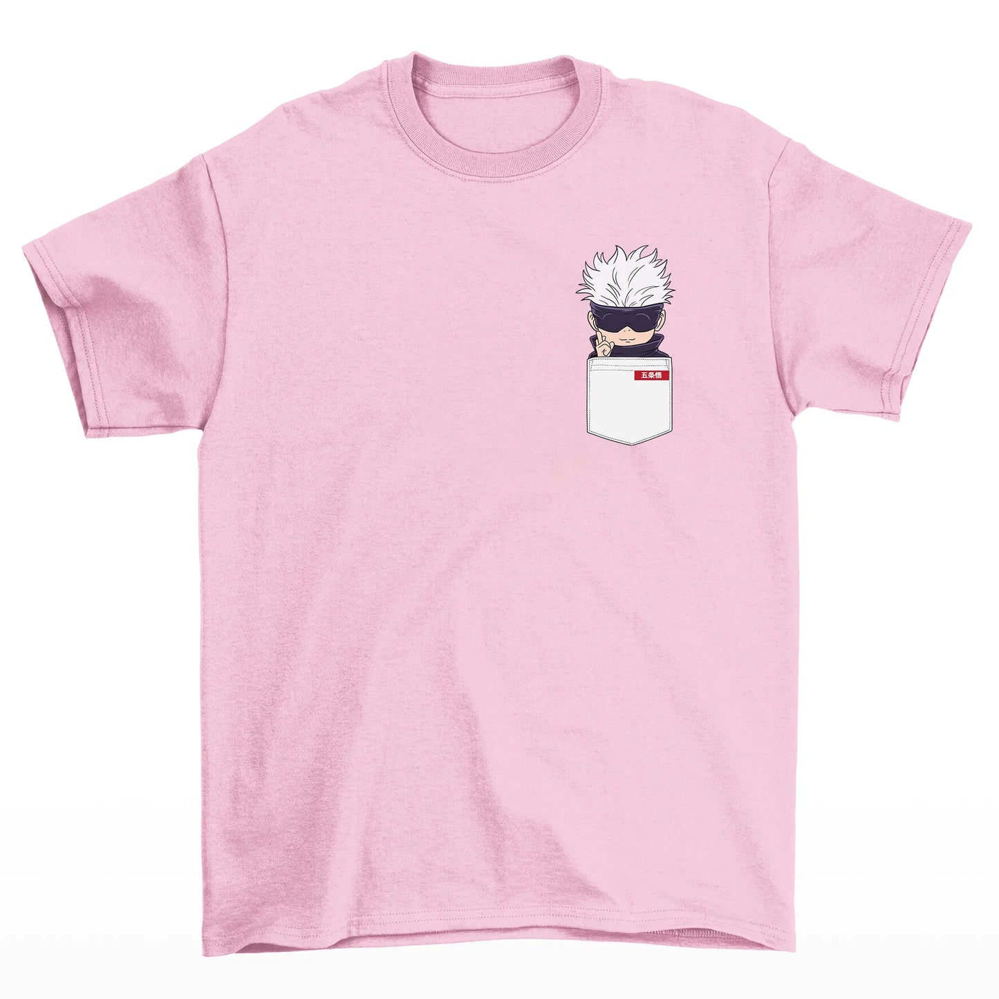 Camiseta Básica Unissex Gojo Satoru Kawaii Pocket Jujutsu Kaisen-rosa bebe