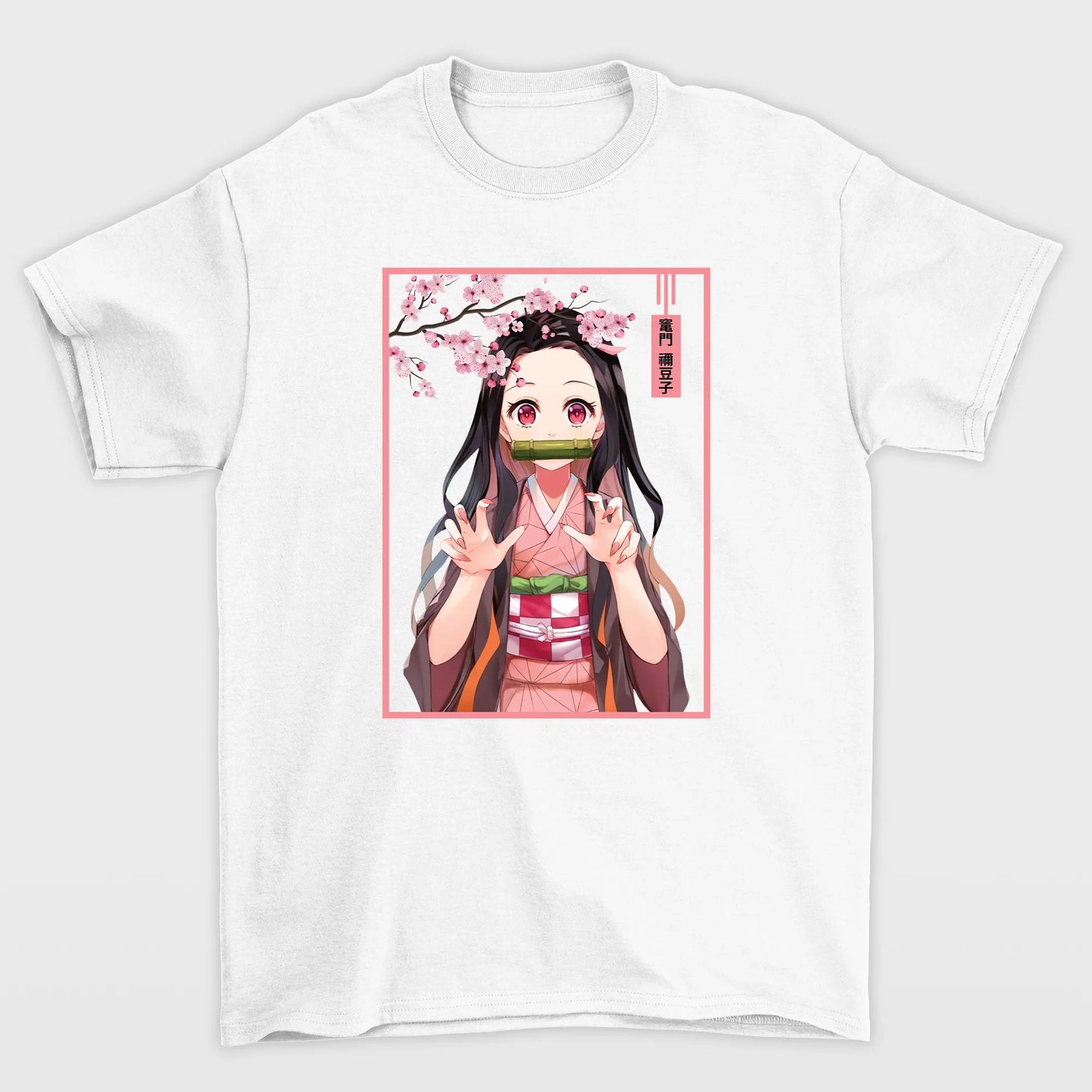 Camiseta Básica Unissex Cute Nezuko Flower Demon Slayer- Branco