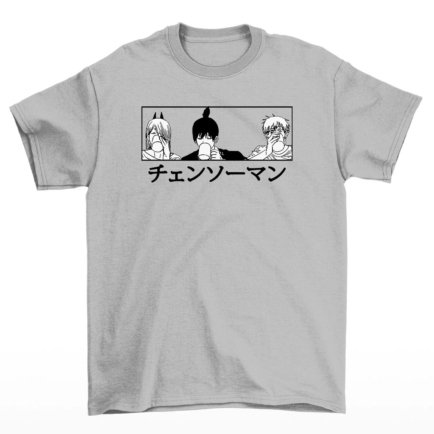 Camiseta Básica Unissex Trio Chainsaw Man Drink- Cinza
