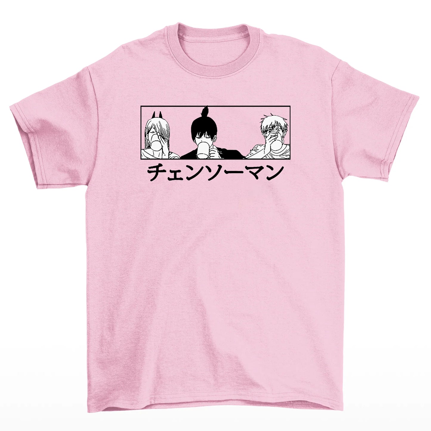 Camiseta Básica Unissex Trio Chainsaw Man Drink- Rosa Bebe