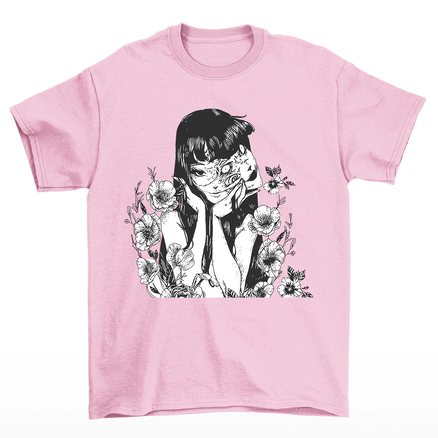 Camiseta Básica Unissex Tomie Junji Ito Flowers Terror-rosa bebe