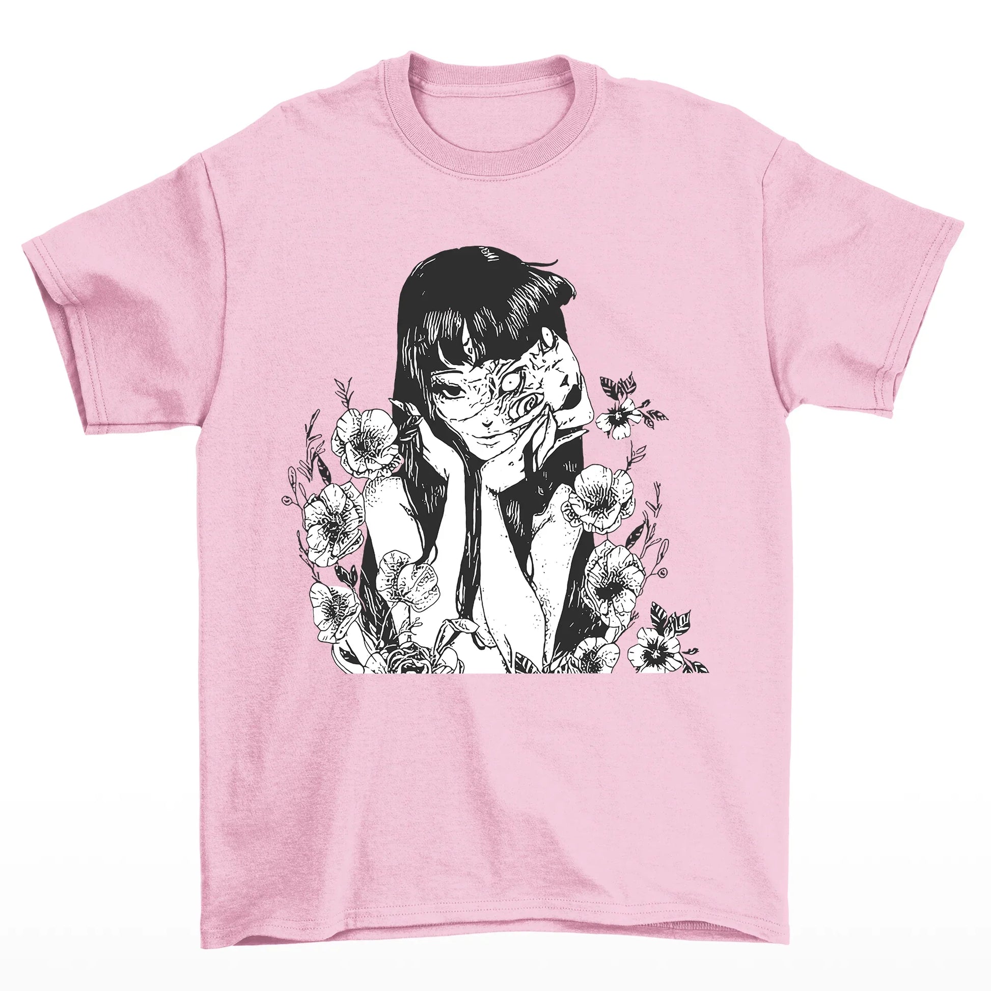 Camiseta Básica Unissex Tomie Junji Ito Flowers Terror-rosa bebe