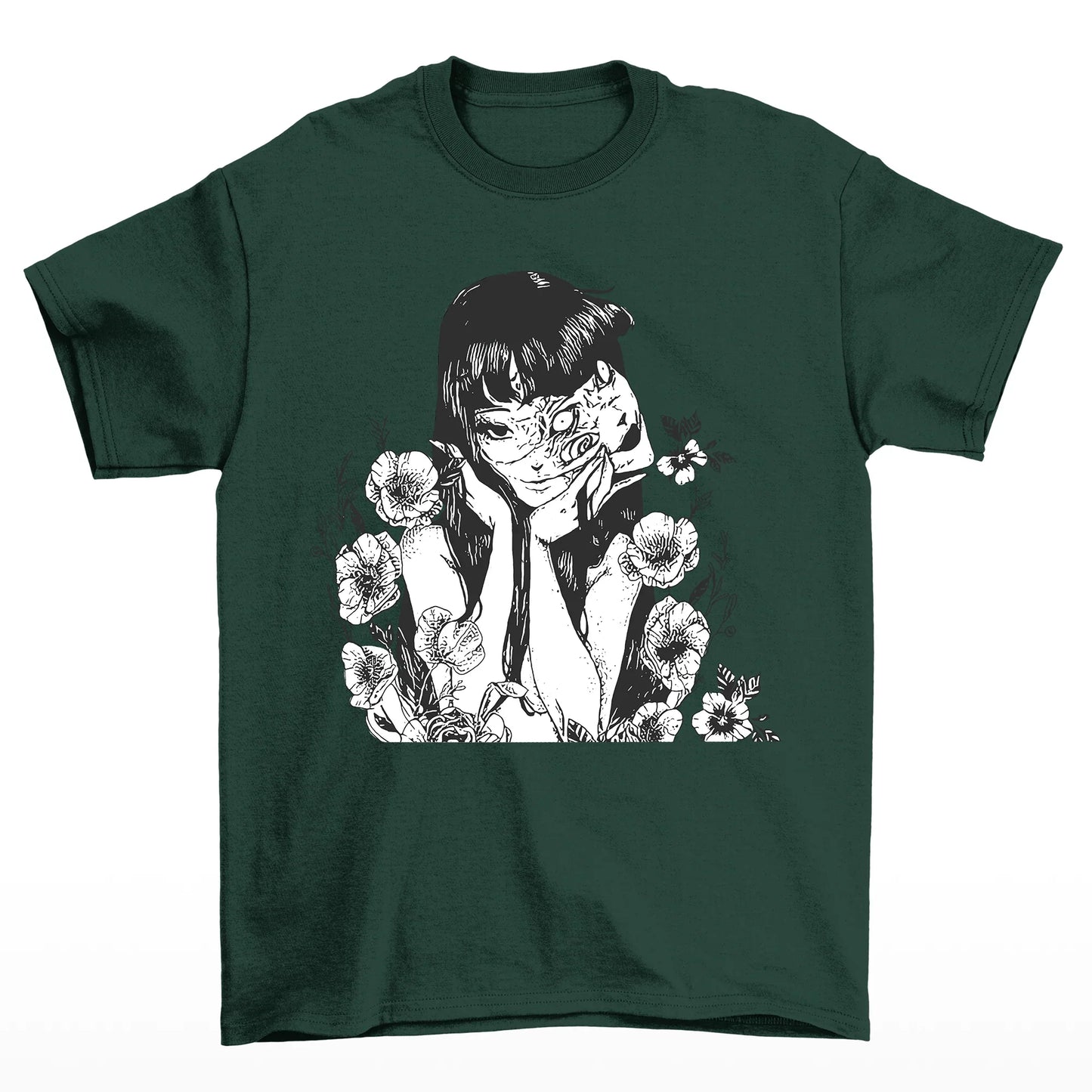 Camiseta Básica Unissex Tomie Junji Ito Flowers Terror-verde
