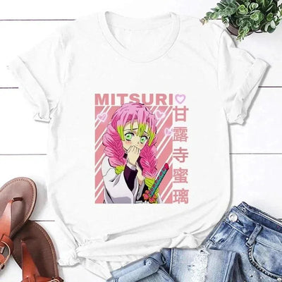 Camiseta Básica Branca Mitsuri Kanroji do anime Kimetsu no Yaiba