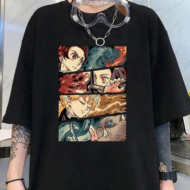 Camiseta Básica Unissex Demon Slayer Tanjiro Group- Preto