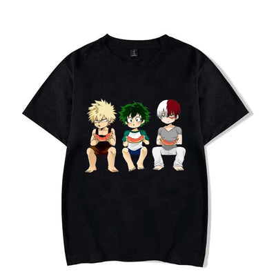 Camiseta Básica Preta Penonagens  Katsuki Bakugo - Izuku Midoriya - Shoto Todoroki do anime My Hero Academia