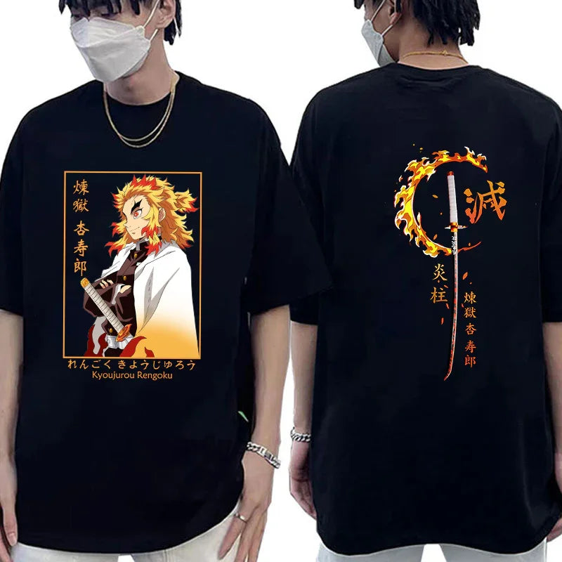 Camiseta Básica Preta Rengoku Kyojiro do Anime  Kimetsu No Yaiba