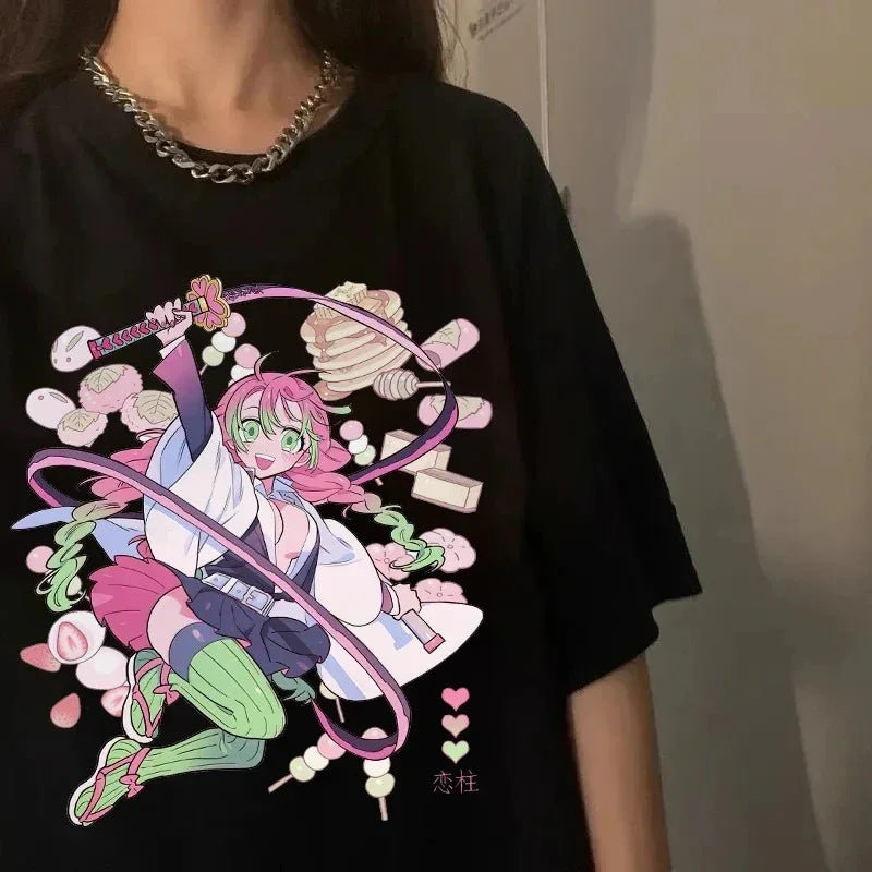 Camiseta Básica Preta Mitsuri Kanroji Anime Demon Slayer