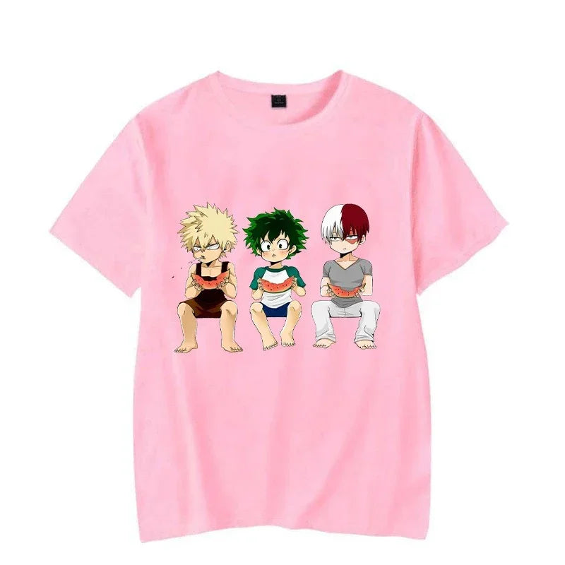 Camiseta Básica Rosa Bebe Penonagens Katsuki Bakugo - Izuku Midoriya - Shoto Todoroki do anime My Hero Academia