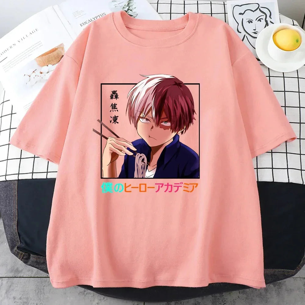 Camiseta Basica Rosa Bebe Todoroki Shoto do anime My Hero Academia