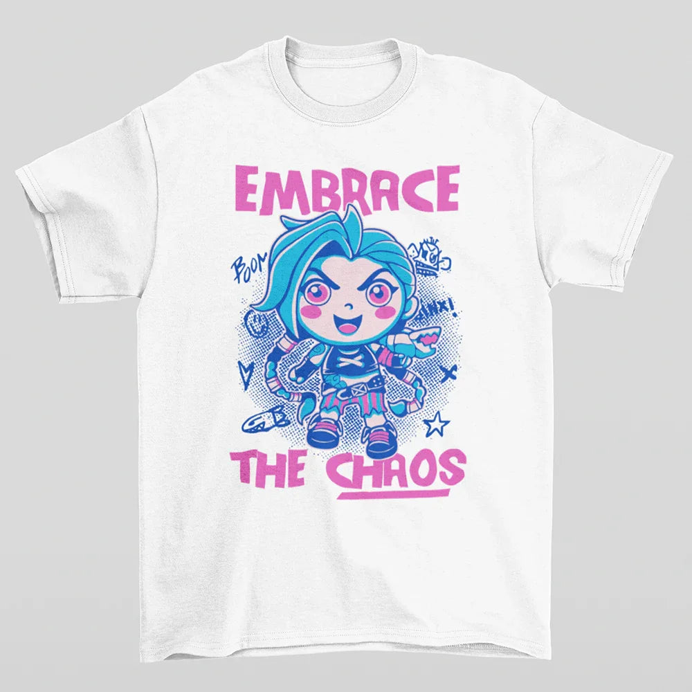 Camiseta Básica Unissex Embrace The Chaos jinx Branco
