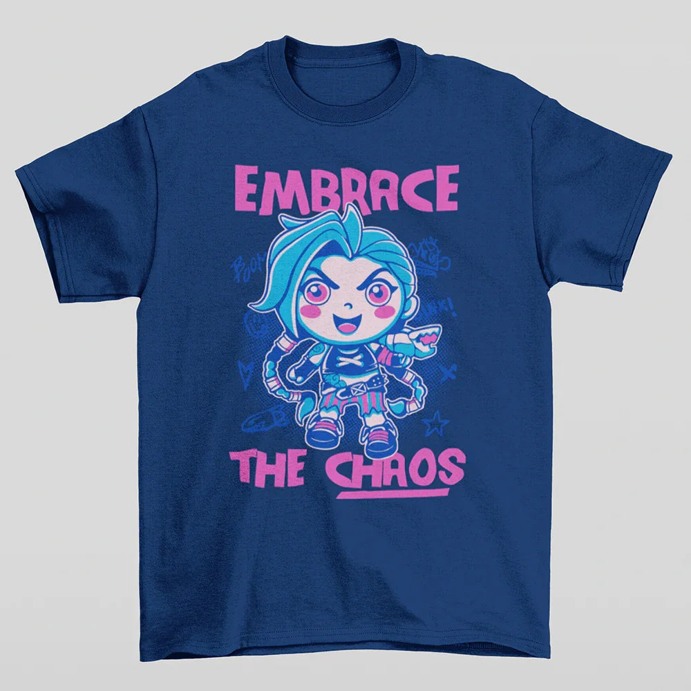 Camiseta Básica Unissex Embrace The Chaos jinx Azul-marinho