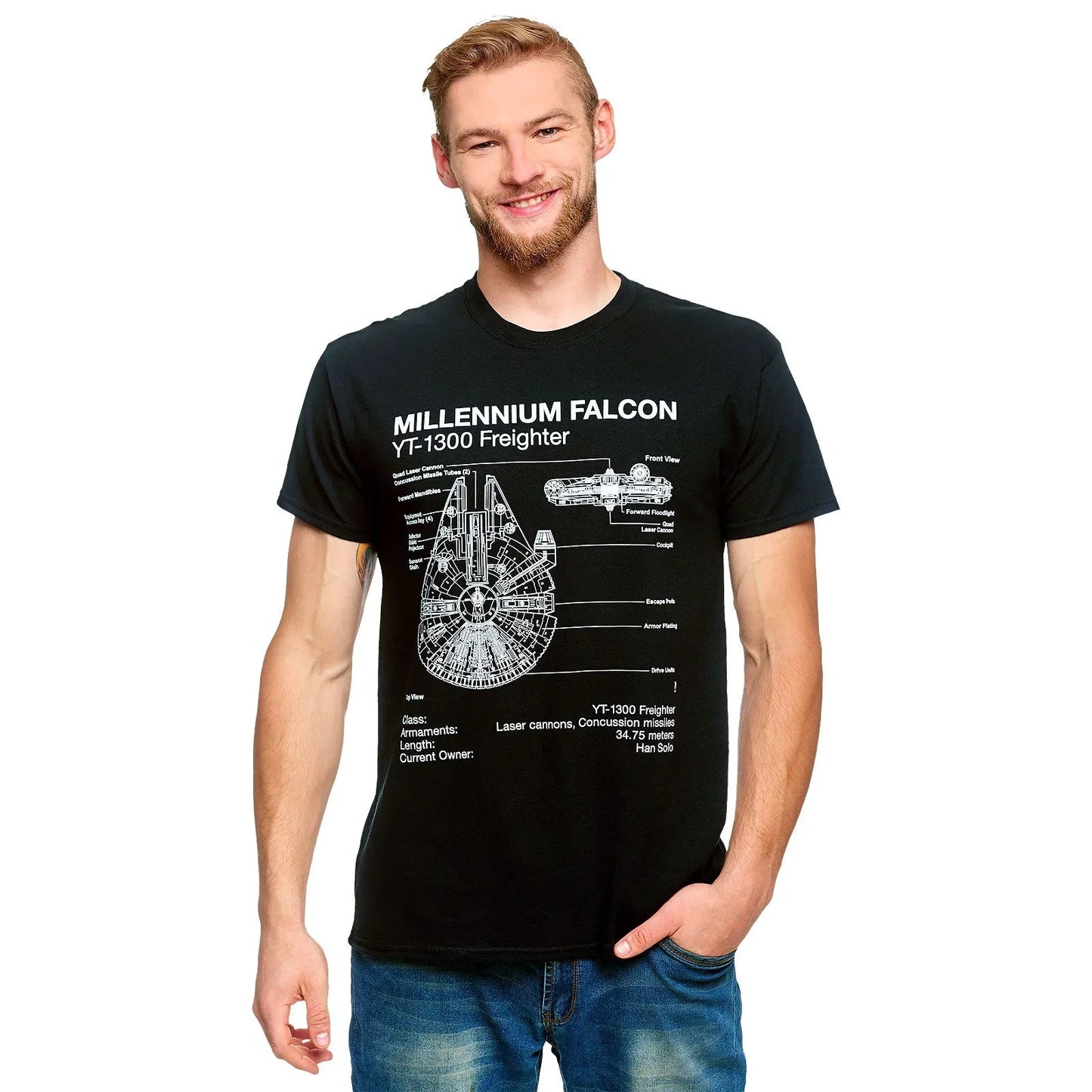 Camiseta Básica Unissex Star Wars Millennium Falcon Mecanina Preto
