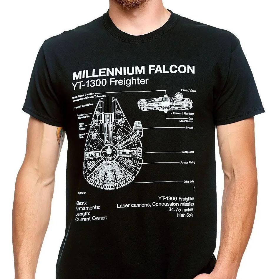 Camiseta Básica Unissex Star Wars Millennium Falcon Mecanina Preto