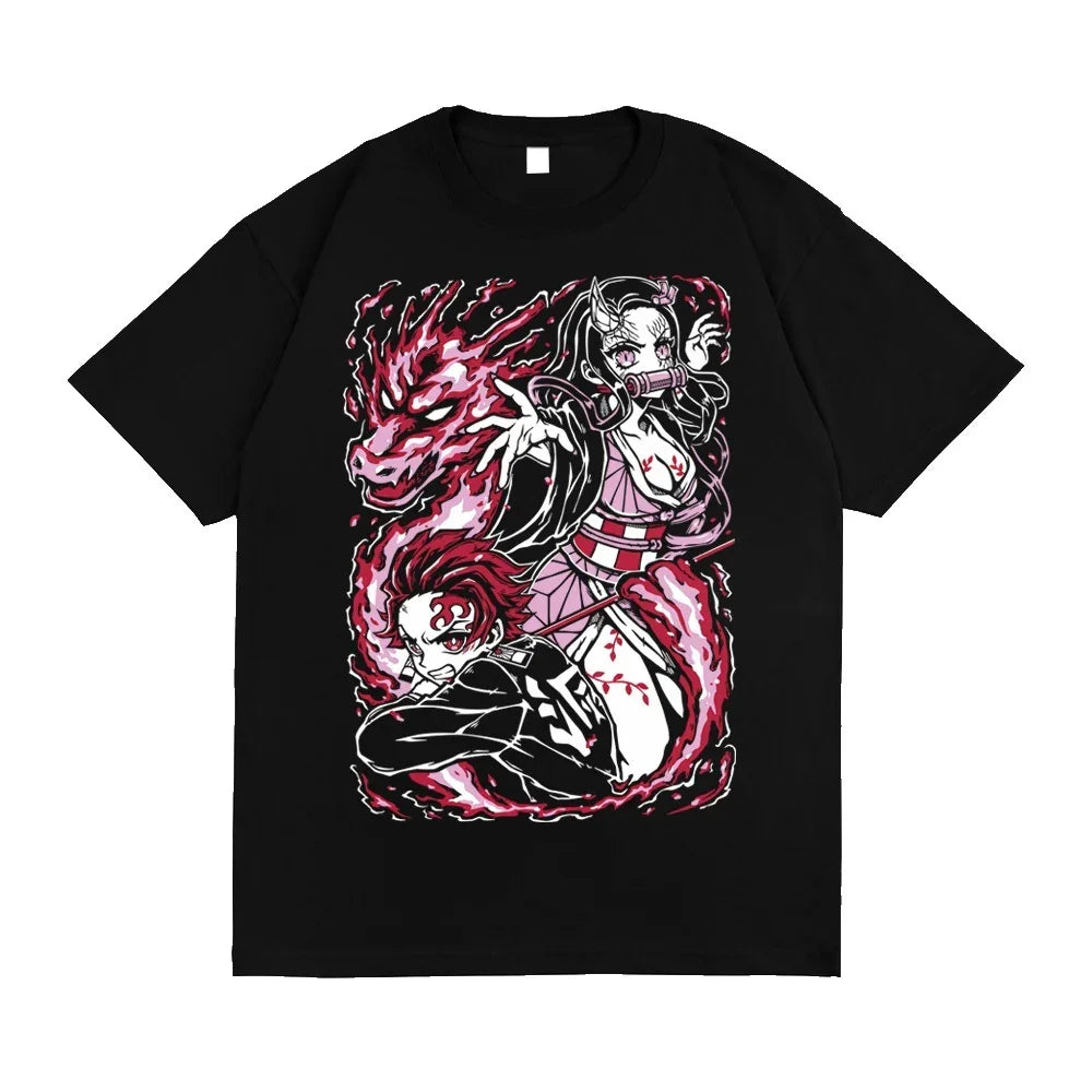 Camiseta Básica Unissex Nezuko E Tanjiro Blood Flame Dragon Demon Slayer