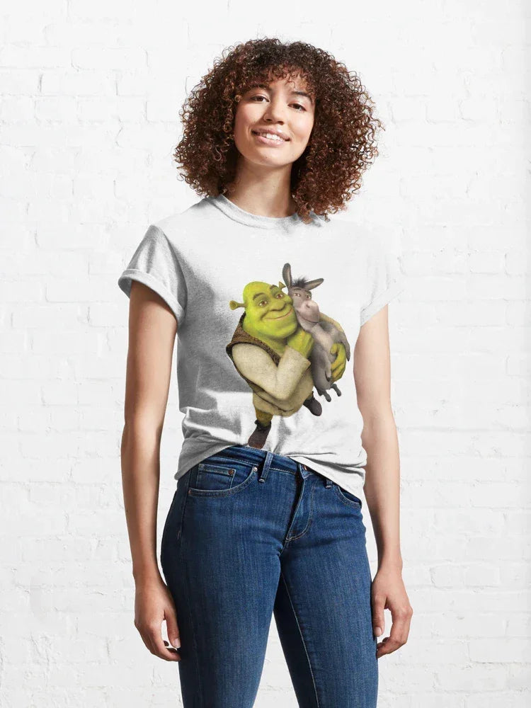 Camiseta Básica Unissex Shrek E Burro Melhores Amigos Branco