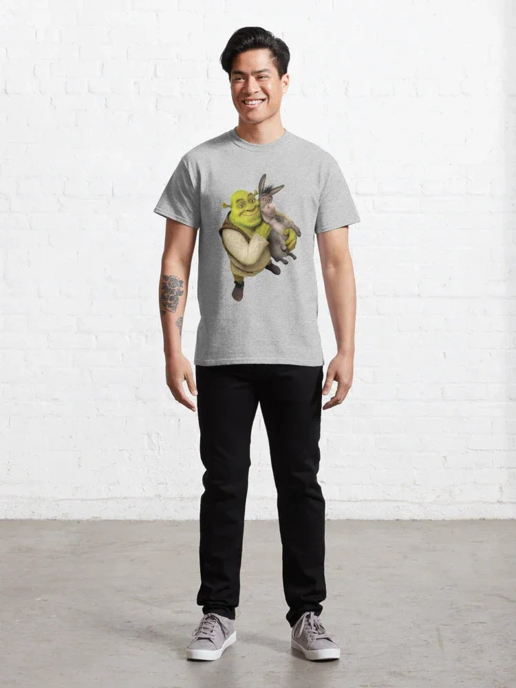 Camiseta Básica Unissex Shrek E Burro Melhores Amigos Cinza