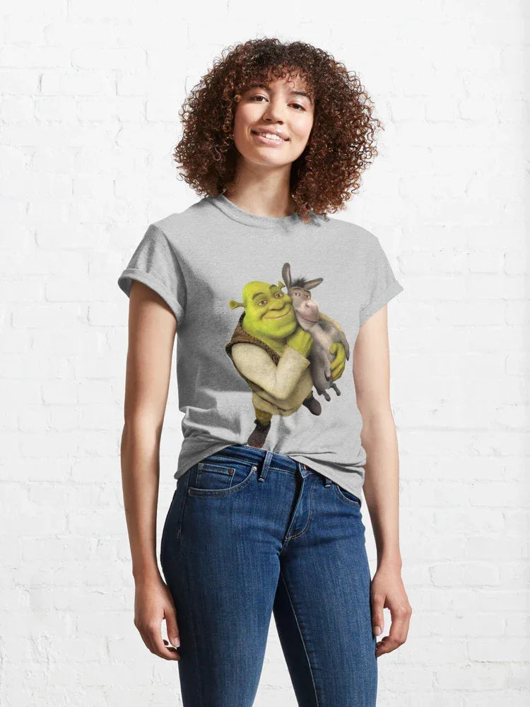Camiseta Básica Unissex Shrek E Burro Melhores Amigos Cinza