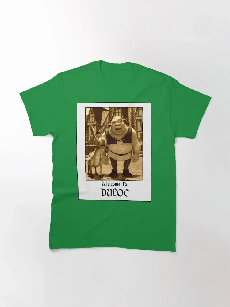 Camiseta Básica Unissex Shrek Welcome To Duloc Photo Verde