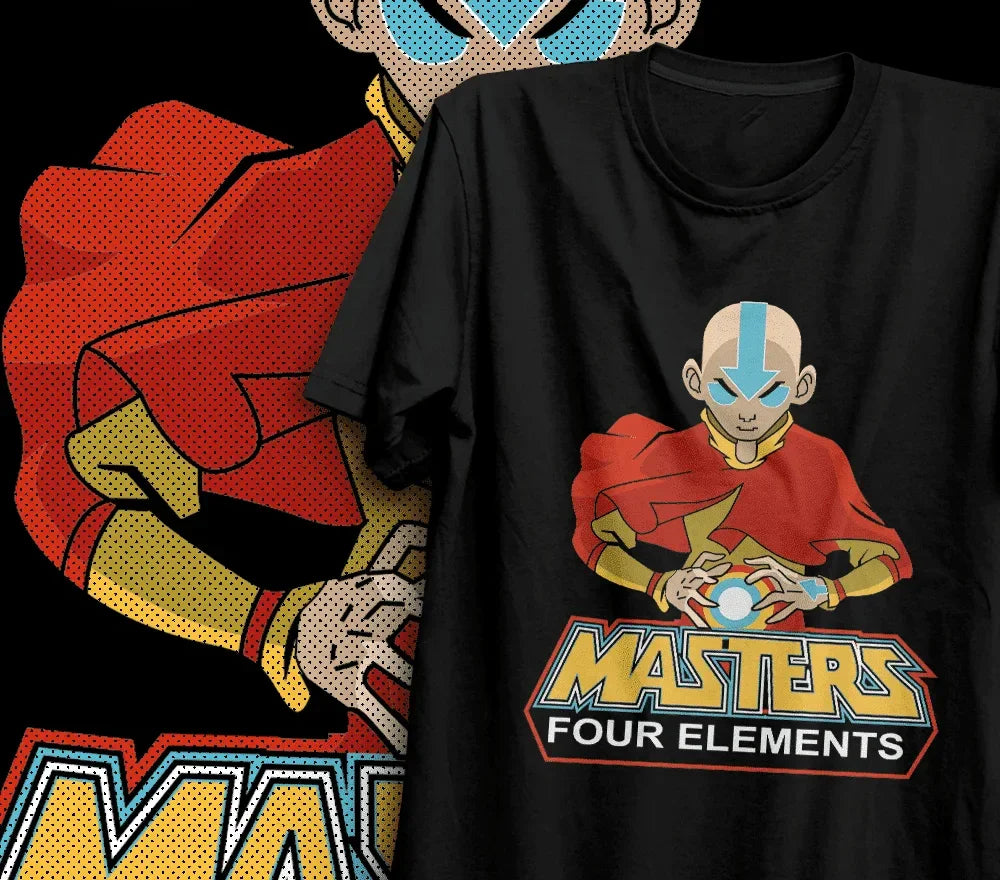 Camiseta Básica Unissex Avatar Masters Four Elements- preto
