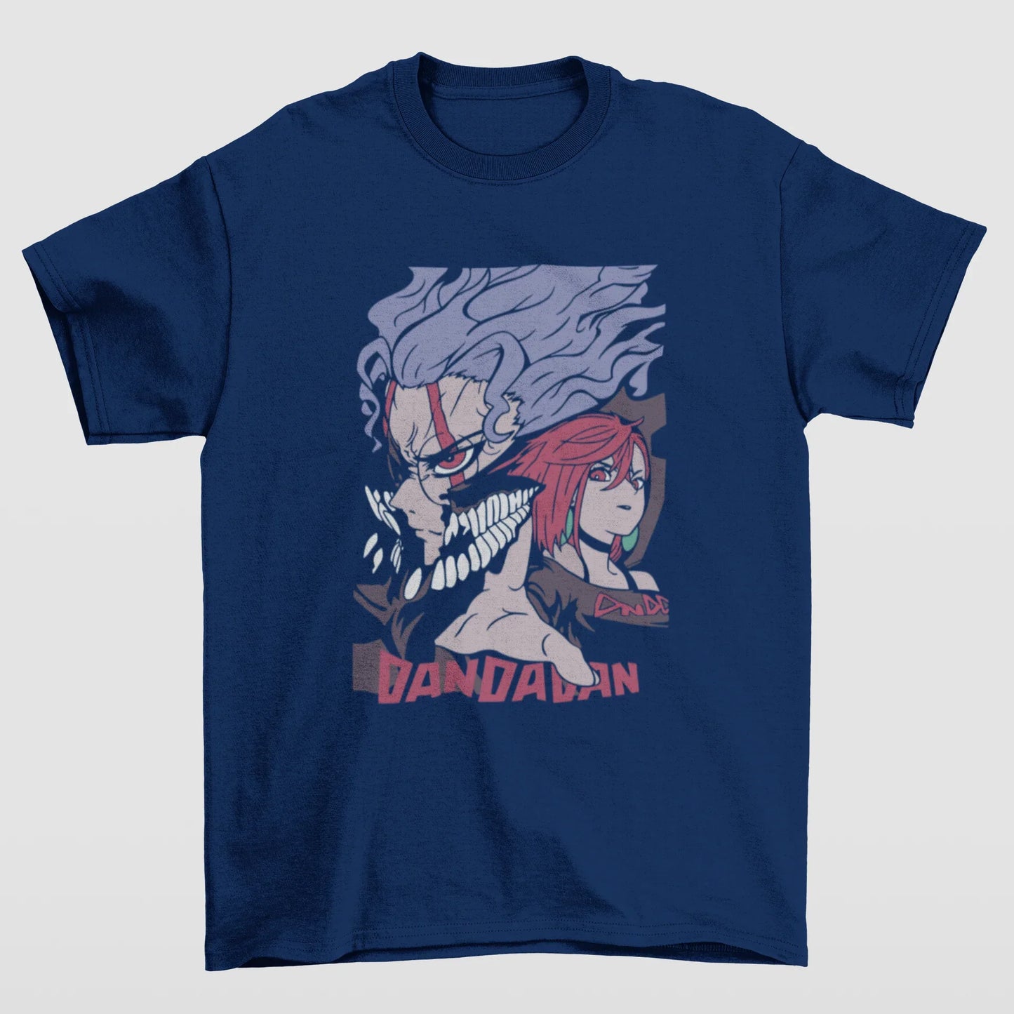 Camiseta Básica Unissex Okarun and Ayase Dandadan- azul-marinho