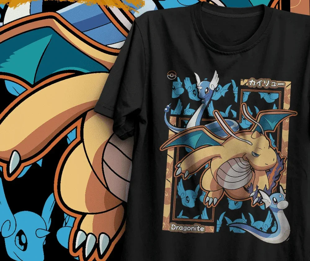 Camiseta Básica Unissex Pokemon Dragonite- Preto